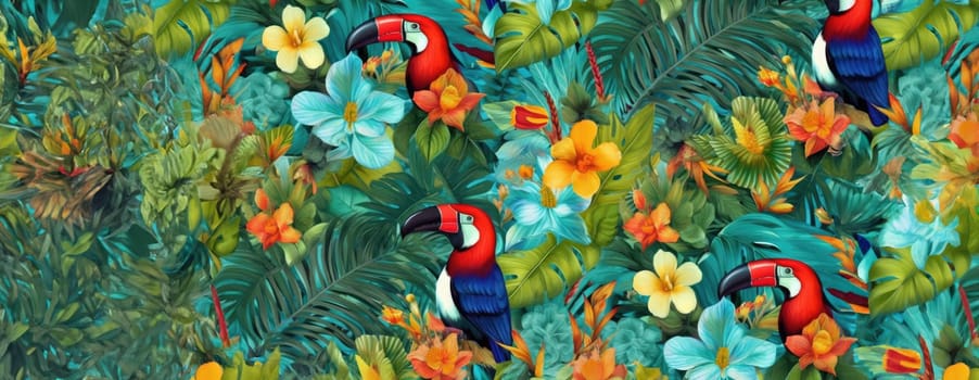 Tropical exotic pattern with animal and flowers in bright colors and lush vegetation. Ai Generative