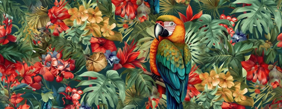 Tropical exotic pattern with animal and flowers in bright colors and lush vegetation. Ai Generative