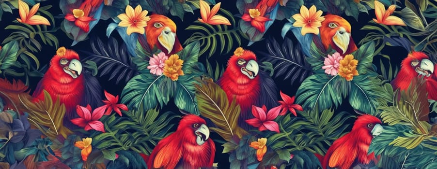 Tropical exotic pattern with animal and flowers in bright colors and lush vegetation. Ai Generative