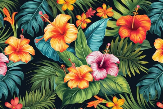 Tropical exotic pattern with animal and flowers in bright colors and lush vegetation. Ai Generative