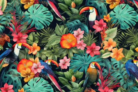 Tropical exotic pattern with animal and flowers in bright colors and lush vegetation. Ai Generative