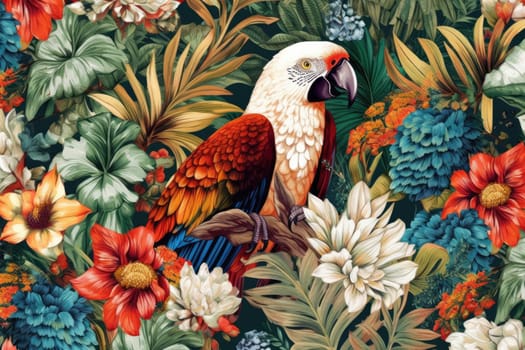 Tropical exotic pattern with animal and flowers in bright colors and lush vegetation. Ai Generative