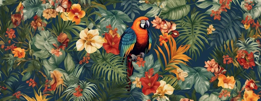 Tropical exotic pattern with animal and flowers in bright colors and lush vegetation. Ai Generative