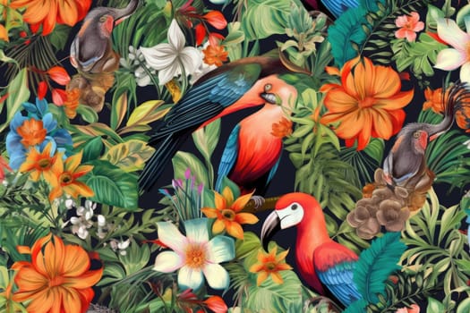 Tropical exotic pattern with animal and flowers in bright colors and lush vegetation. Ai Generative