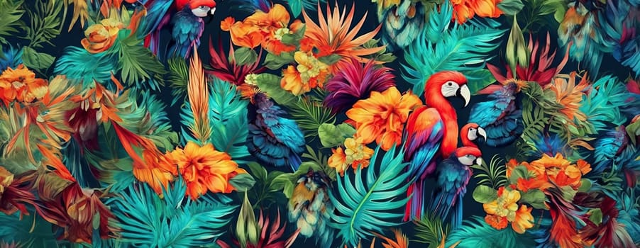 Tropical exotic pattern with animal and flowers in bright colors and lush vegetation. Ai Generative