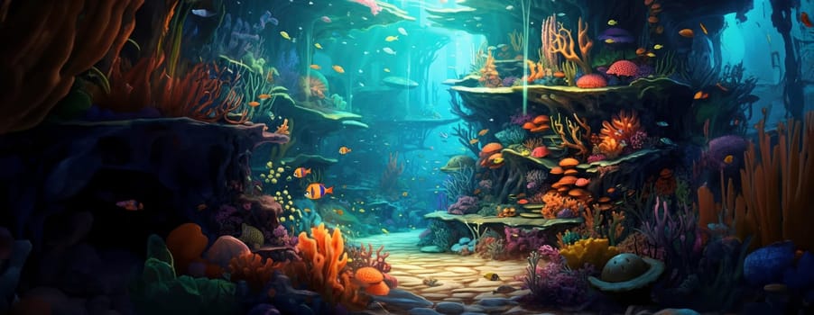 Tropical sea underwater fishes on coral reef. Aquarium oceanarium wildlife colorful marine panorama landscape nature snorkel diving. AI Generative