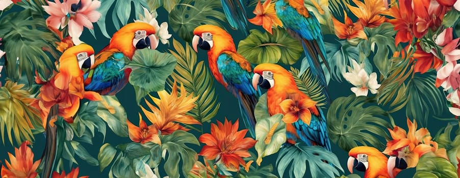 Tropical exotic pattern with animal and flowers in bright colors and lush vegetation. Ai Generative