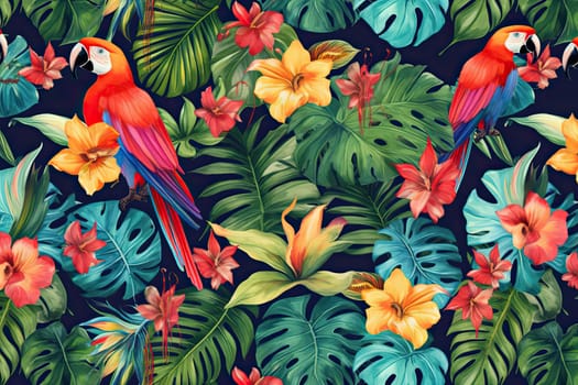 Tropical exotic pattern with animal and flowers in bright colors and lush vegetation. Ai Generative