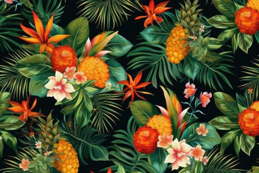 Tropical exotic pattern with animal and flowers in bright colors and lush vegetation. Ai Generative