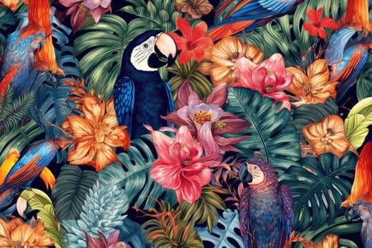 Tropical exotic pattern with animal and flowers in bright colors and lush vegetation. Ai Generative