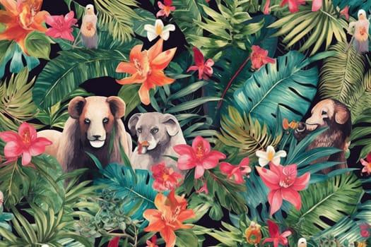 Tropical exotic pattern with animal and flowers in bright colors and lush vegetation. Ai Generative