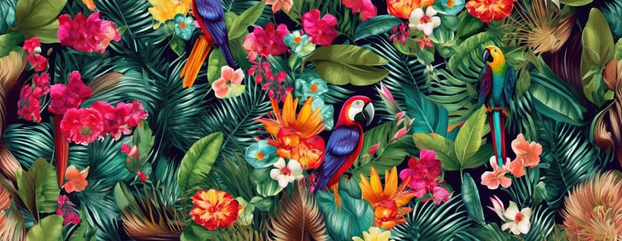 Tropical exotic pattern with animal and flowers in bright colors and lush vegetation. Ai Generative