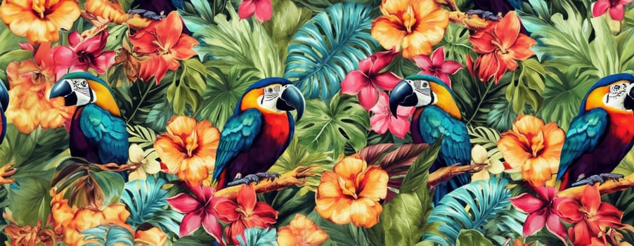 Tropical exotic pattern with animal and flowers in bright colors and lush vegetation. Ai Generative