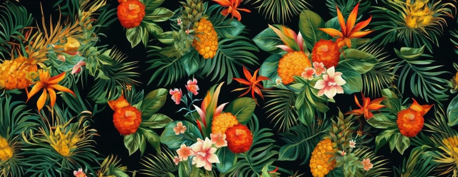 Tropical exotic pattern with animal and flowers in bright colors and lush vegetation. Ai Generative