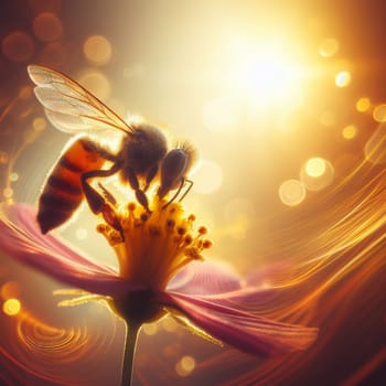 bee pollinize flower at sunrise macro close up shot generative ai art