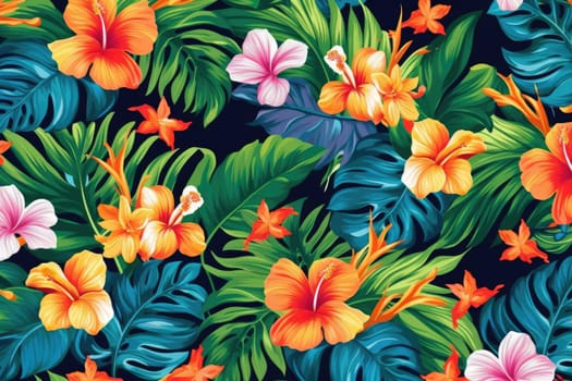 Tropical exotic pattern with animal and flowers in bright colors and lush vegetation. Ai Generative