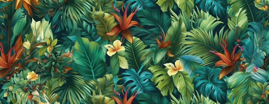 Tropical exotic pattern with animal and flowers in bright colors and lush vegetation. Ai Generative