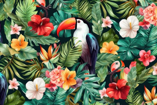 Tropical exotic pattern with animal and flowers in bright colors and lush vegetation. Ai Generative