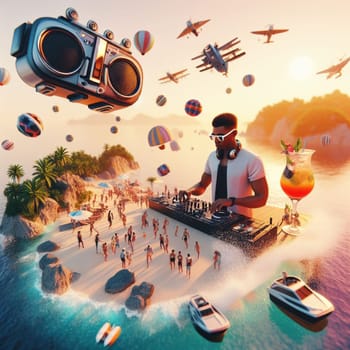 young deejay, wear glasses earphone hosting dj set at crowded beach party tropical island isometric ai generative ai art