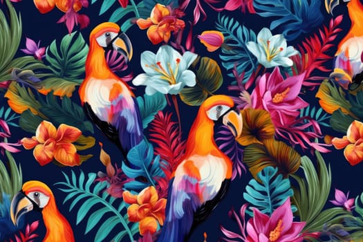 Tropical exotic pattern with animal and flowers in bright colors and lush vegetation. Ai Generative