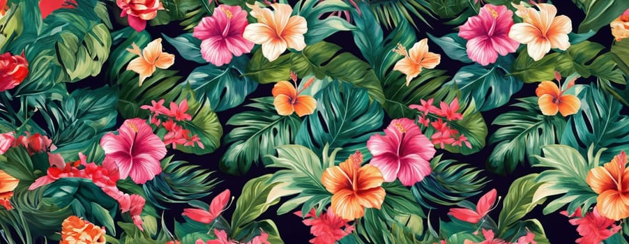 Tropical exotic pattern with animal and flowers in bright colors and lush vegetation. Ai Generative