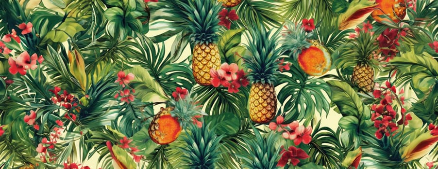 Tropical exotic pattern with animal and flowers in bright colors and lush vegetation. Ai Generative