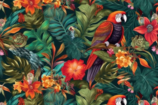 Tropical exotic pattern with animal and flowers in bright colors and lush vegetation. Ai Generative