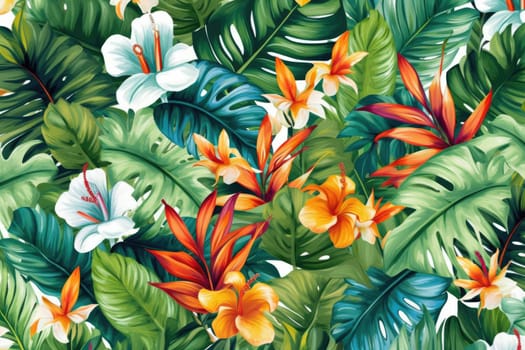 Tropical exotic pattern with animal and flowers in bright colors and lush vegetation. Ai Generative