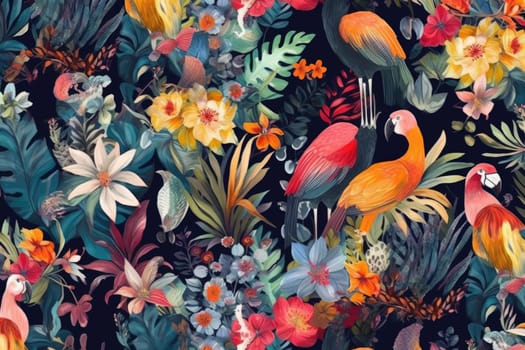 Tropical exotic pattern with animal and flowers in bright colors and lush vegetation. Ai Generative