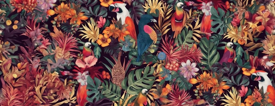 Tropical exotic pattern with animal and flowers in bright colors and lush vegetation. Ai Generative