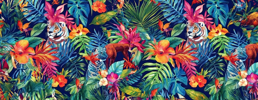 Tropical exotic pattern with animal and flowers in bright colors and lush vegetation. Ai Generative