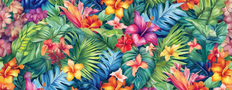 Tropical exotic pattern with animal and flowers in bright colors and lush vegetation. Ai Generative