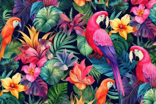 Tropical exotic pattern with animal and flowers in bright colors and lush vegetation. Ai Generative