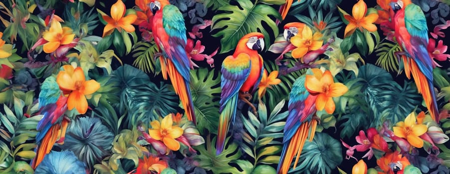 Tropical exotic pattern with animal and flowers in bright colors and lush vegetation. Ai Generative