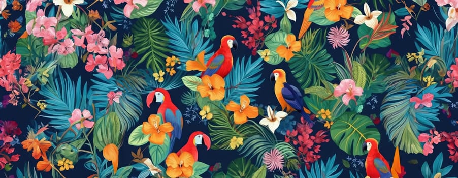 Tropical exotic pattern with animal and flowers in bright colors and lush vegetation. Ai Generative