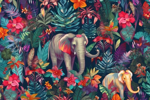 Tropical exotic pattern with animal and flowers in bright colors and lush vegetation. Ai Generative