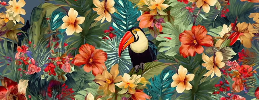 Tropical exotic pattern with animal and flowers in bright colors and lush vegetation. Ai Generative