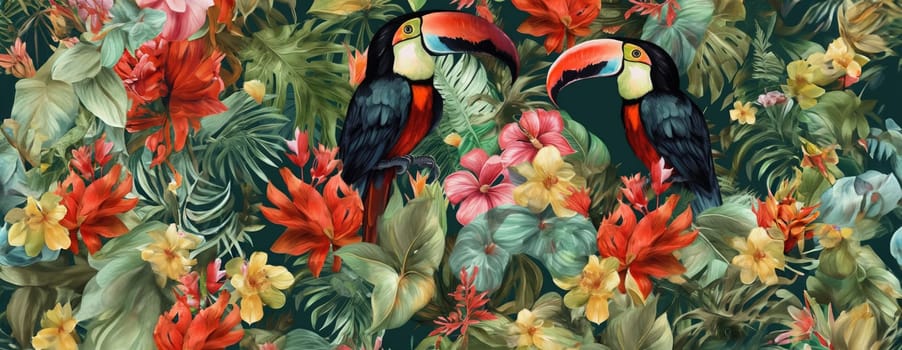 Tropical exotic pattern with animal and flowers in bright colors and lush vegetation. Ai Generative