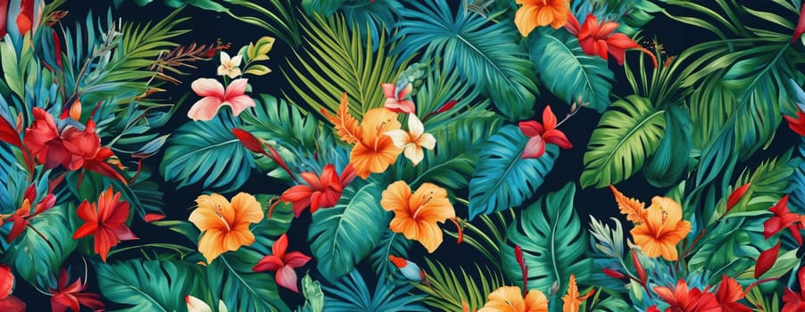 Tropical exotic pattern with animal and flowers in bright colors and lush vegetation. Ai Generative