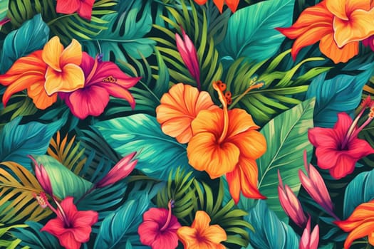 Tropical exotic pattern with animal and flowers in bright colors and lush vegetation. Ai Generative