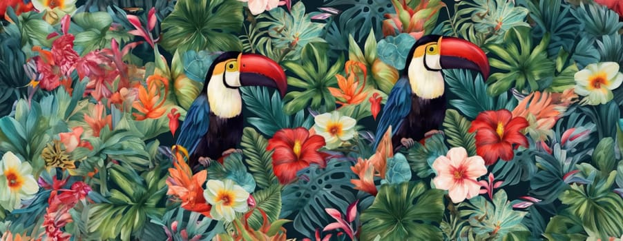 Tropical exotic pattern with animal and flowers in bright colors and lush vegetation. Ai Generative