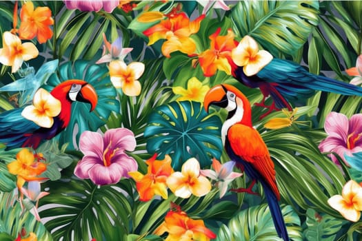 Tropical exotic pattern with animal and flowers in bright colors and lush vegetation. Ai Generative