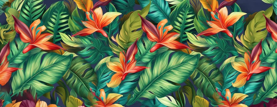 Tropical exotic pattern with animal and flowers in bright colors and lush vegetation. Ai Generative