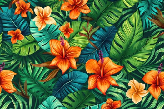 Tropical exotic pattern with animal and flowers in bright colors and lush vegetation. Ai Generative