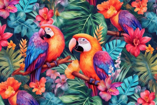 Tropical exotic pattern with animal and flowers in bright colors and lush vegetation. Ai Generative