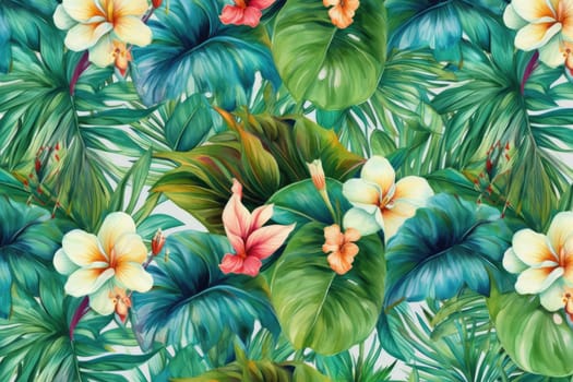 Tropical exotic pattern with animal and flowers in bright colors and lush vegetation. Ai Generative