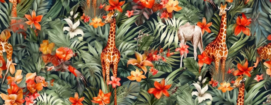 Tropical exotic pattern with animal and flowers in bright colors and lush vegetation. Ai Generative