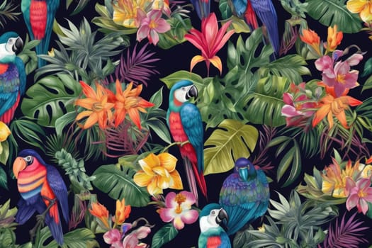 Tropical exotic pattern with animal and flowers in bright colors and lush vegetation. Ai Generative