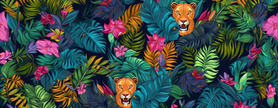 Tropical exotic pattern with animal and flowers in bright colors and lush vegetation. Ai Generative