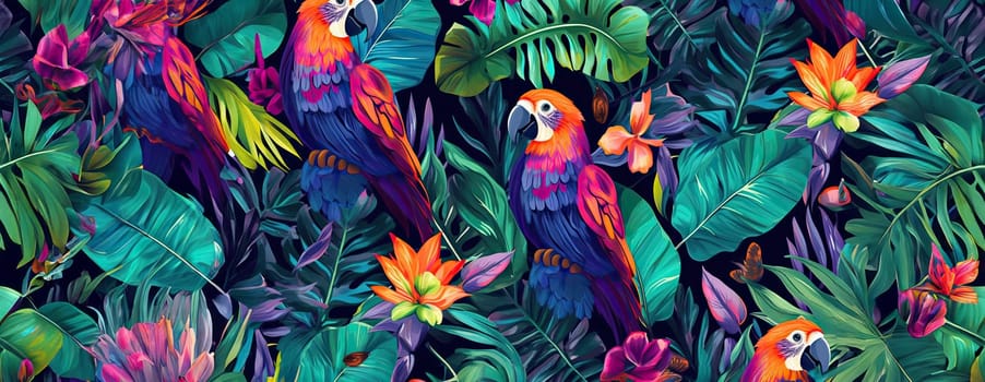 Tropical exotic pattern with animal and flowers in bright colors and lush vegetation. Ai Generative